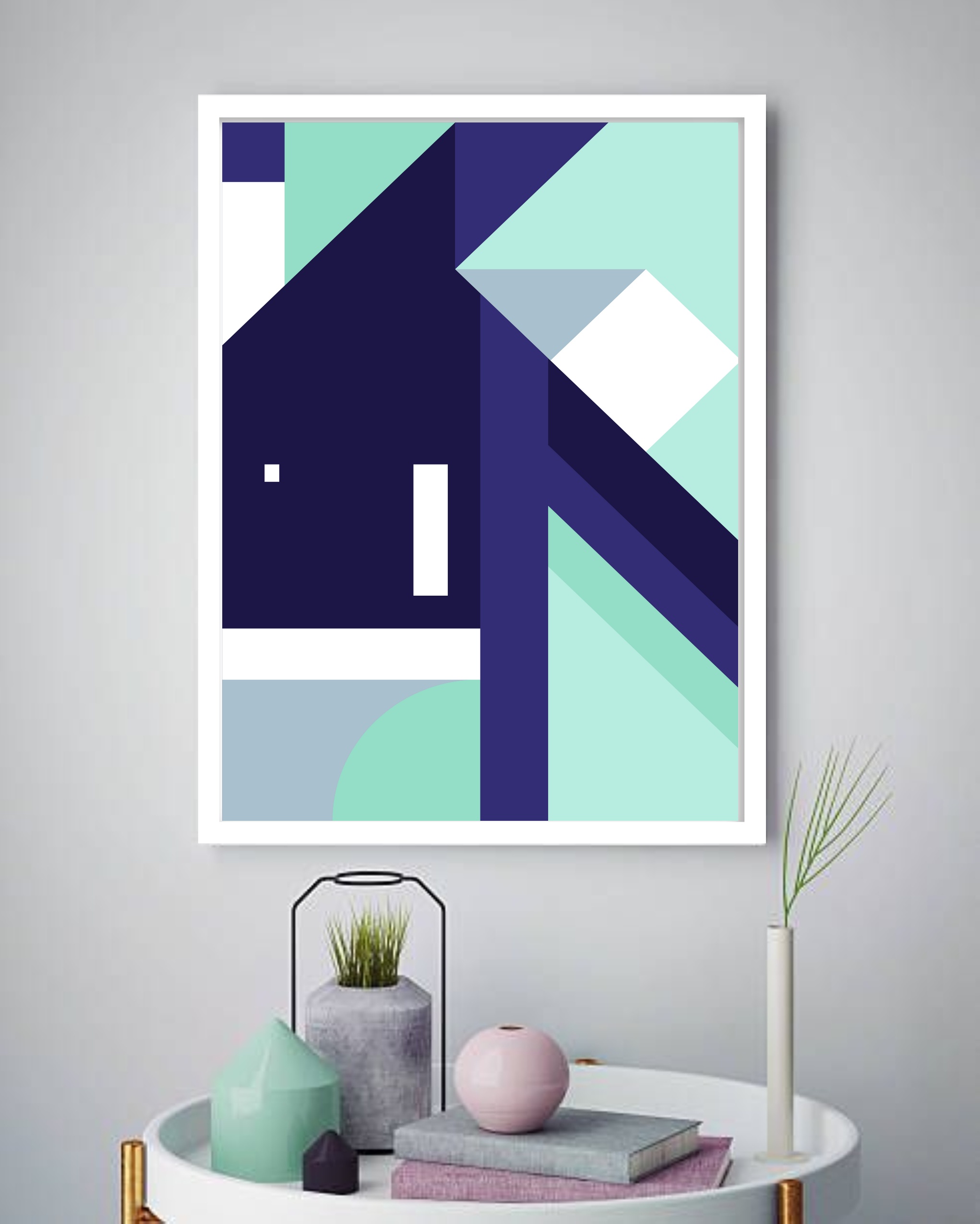 Quadro Decorativo Abstrato Geométrico Azul Verde - 70x50 cm
