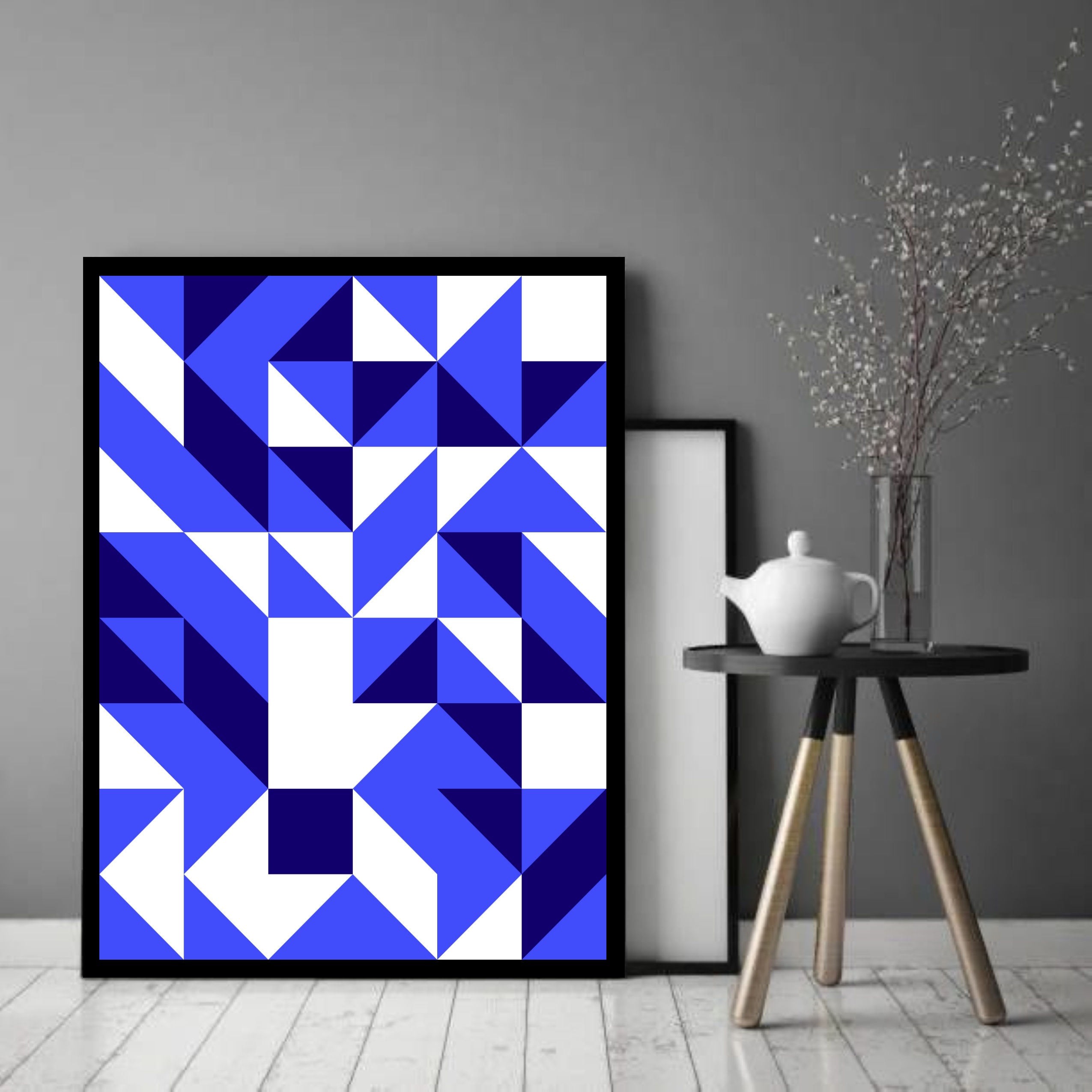 Quadro Decorativo Abstrato Geométrico Branco Azul - 70x50cm