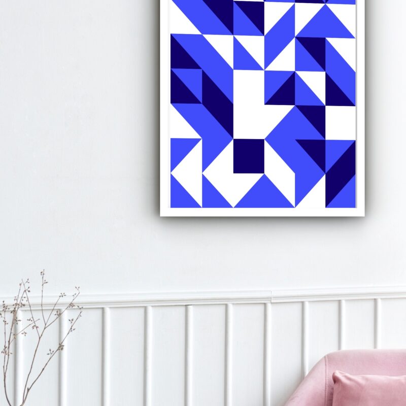 Quadro Decorativo Abstrato Geométrico Branco Azul - 70x50cm