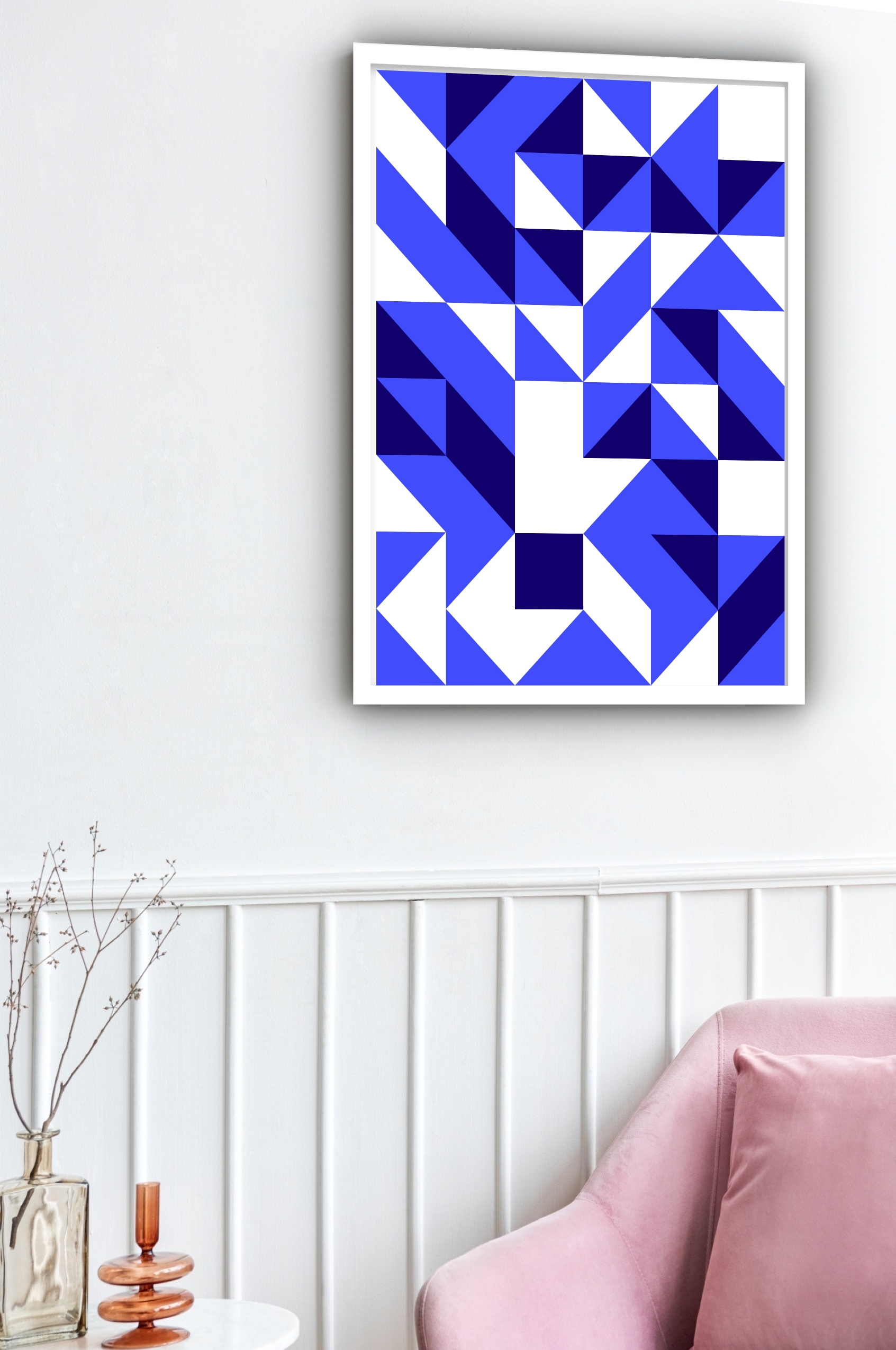 Quadro Decorativo Abstrato Geométrico Branco Azul - 70x50cm