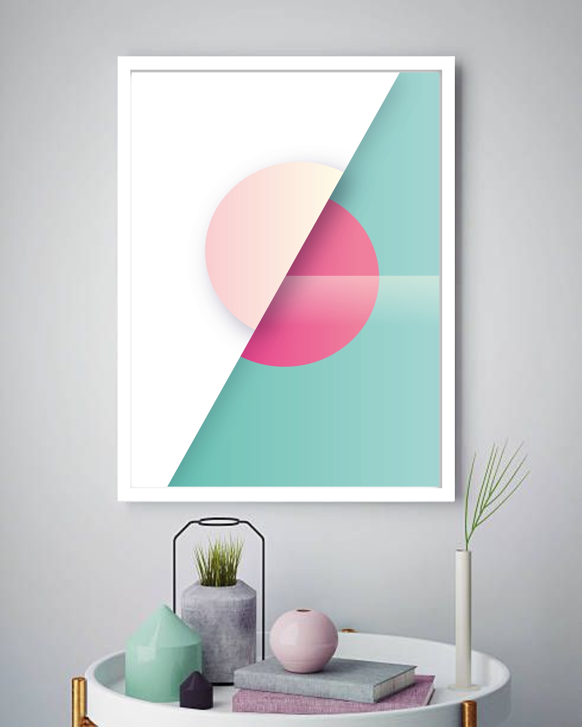 Quadro Decorativo Abstrato Geométrico Branco Verde -70x50cm
