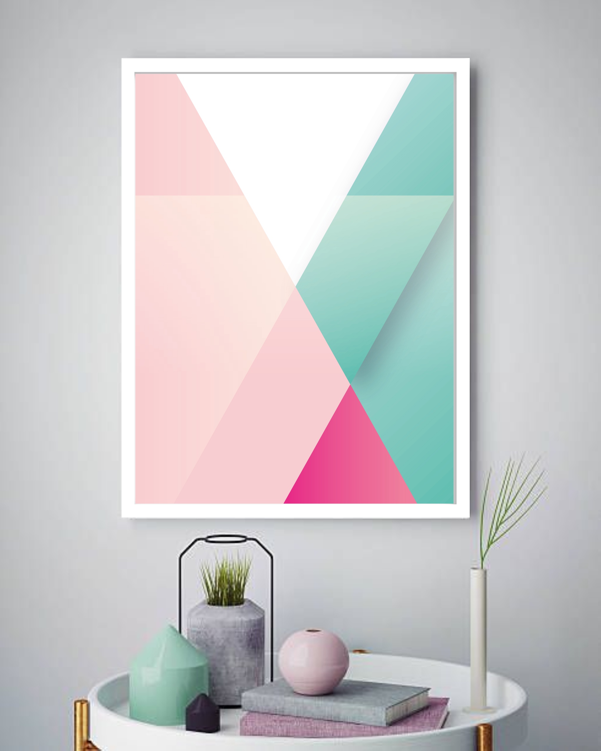 Quadro Decorativo Abstrato Geométrico Rosê Verde - 70x50 cm