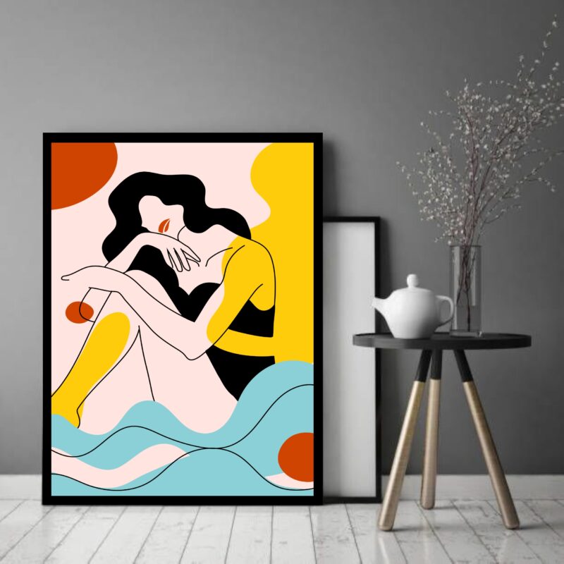 Quadro Decorativo Abstrato Mulher Mar Sol - 70x50 cm