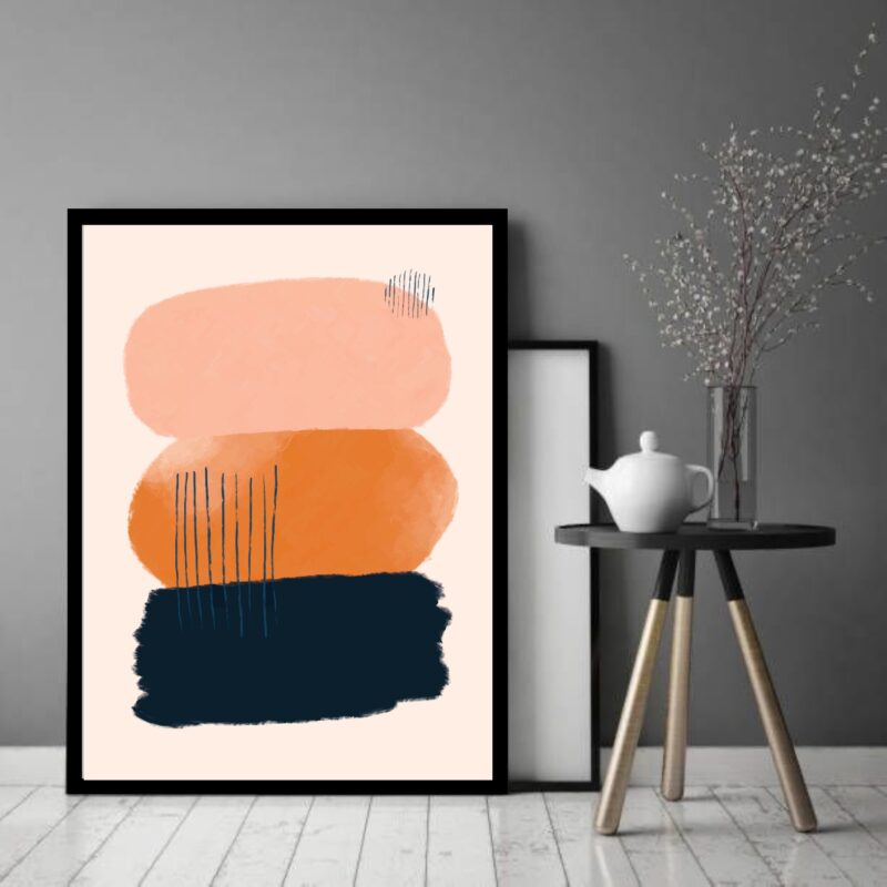 Quadro Decorativo Abstrato Rosa Laranja Preto Riscos-70x50cm