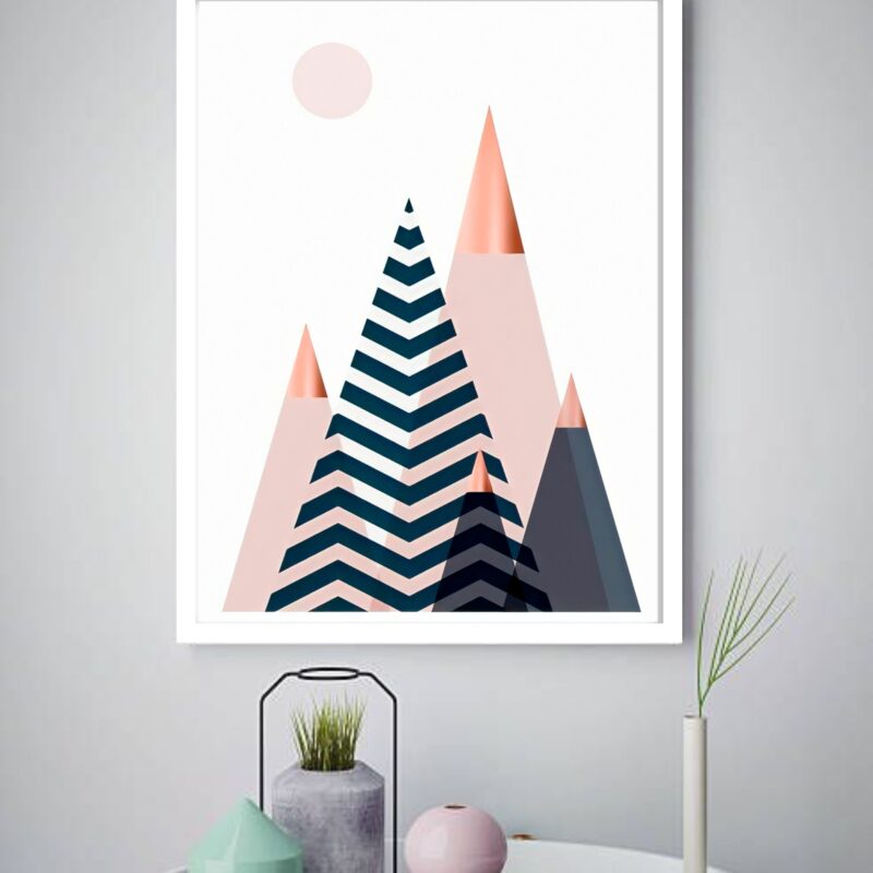 Quadro Decorativo Abstrato Triângulos Azul Rosê - 70x50 cm
