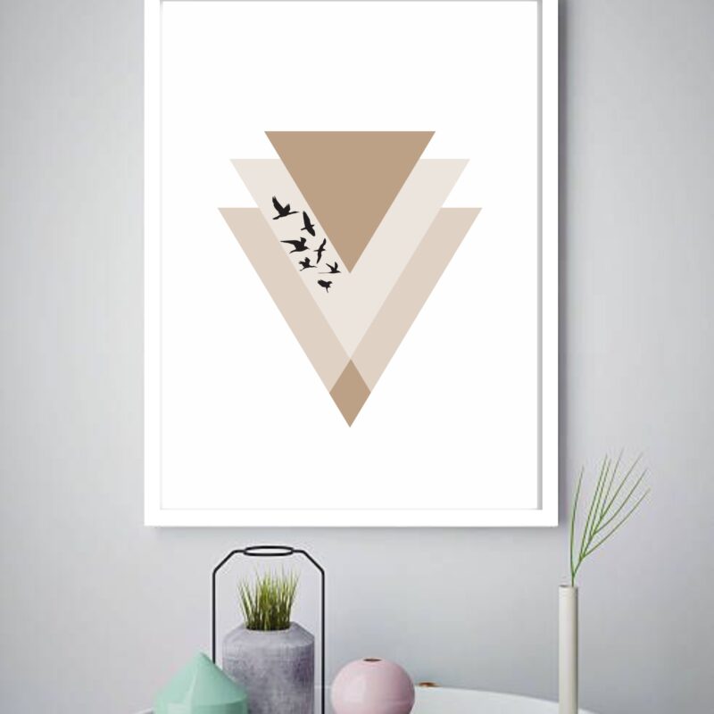 Quadro Decorativo Abstrato Triângulos Pássaros Bege -70x50cm
