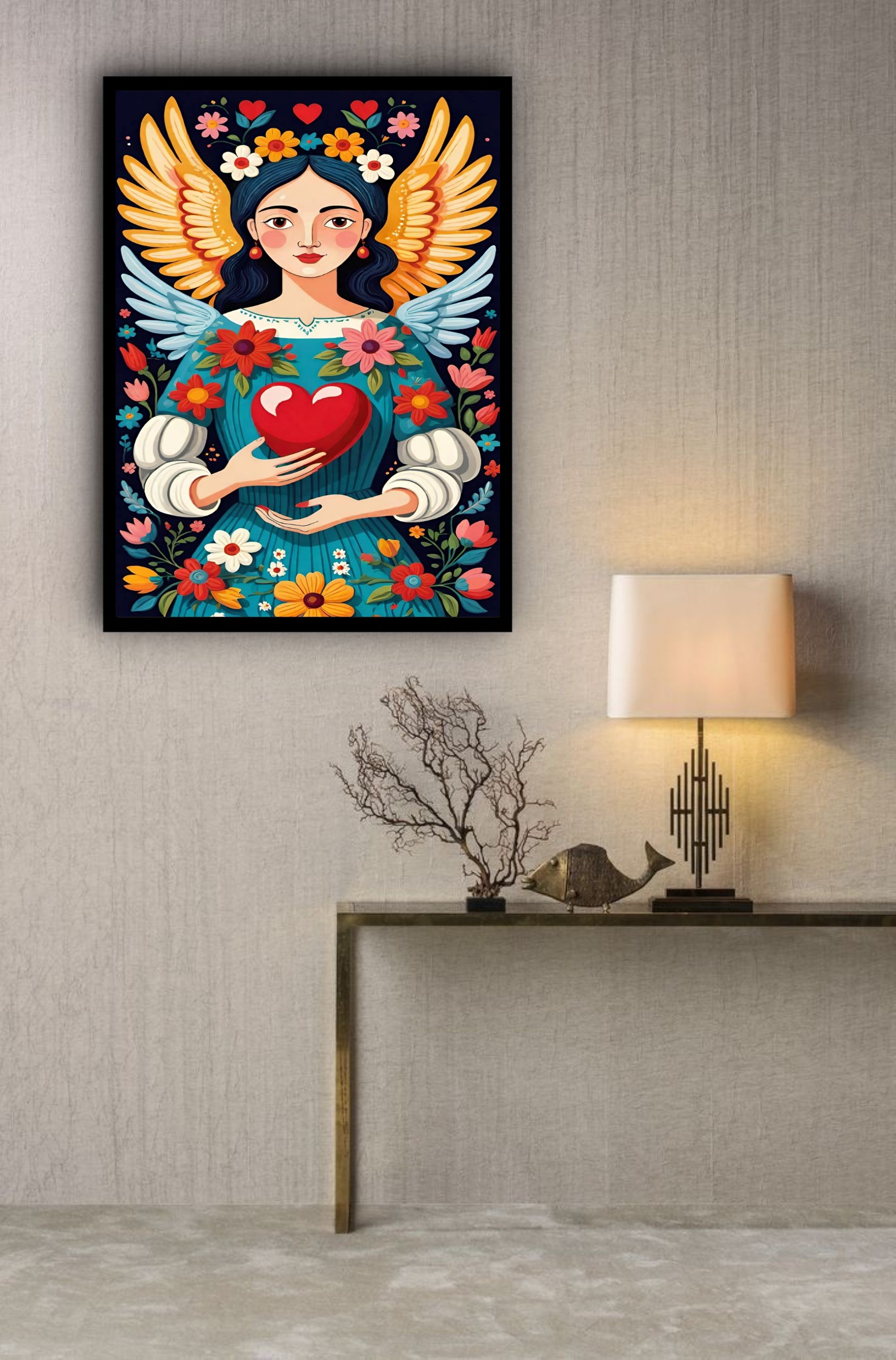 Quadro Decorativo Art Folk Mulher Asas Coração - 70x50 cm