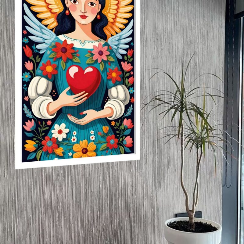 Quadro Decorativo Art Folk Mulher Asas Coração - 70x50 cm