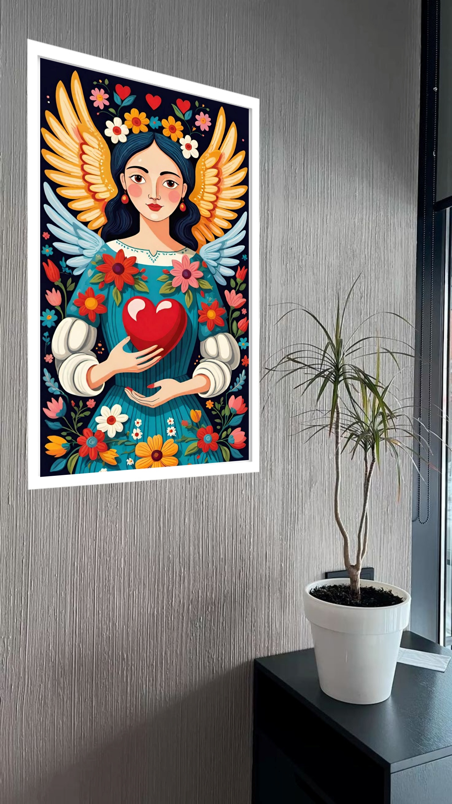 Quadro Decorativo Art Folk Mulher Asas Coração - 70x50 cm