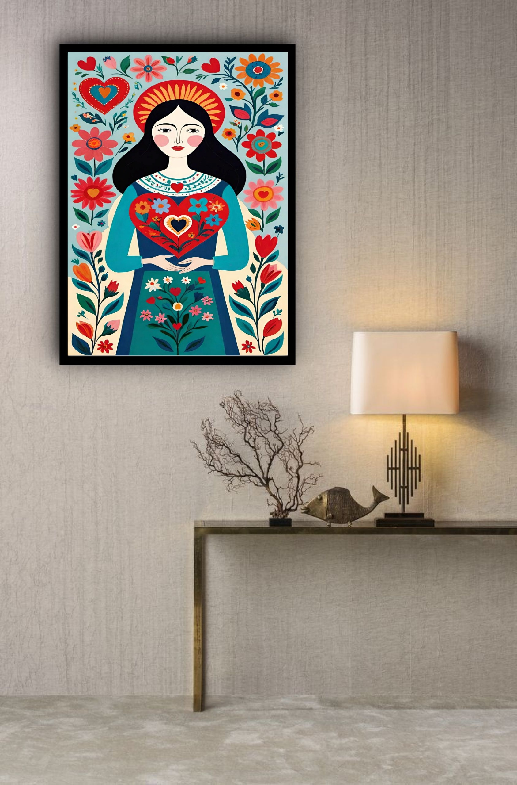 Quadro Decorativo Art Folk Mulher Coração Flores - 70x50cm