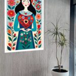 Quadro Decorativo Art Folk Mulher Coração Flores - 70x50cm