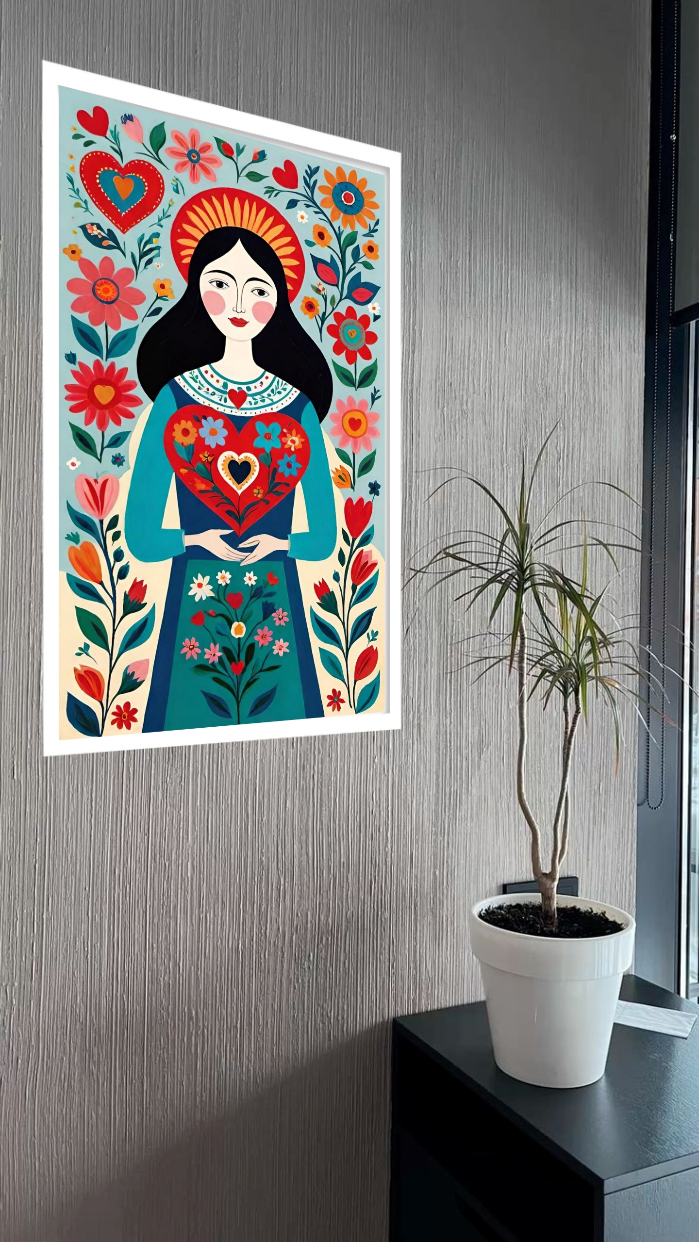 Quadro Decorativo Art Folk Mulher Coração Flores - 70x50cm