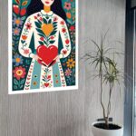 Quadro Decorativo Art Folk Mulher Flores Coração - 70x50cm