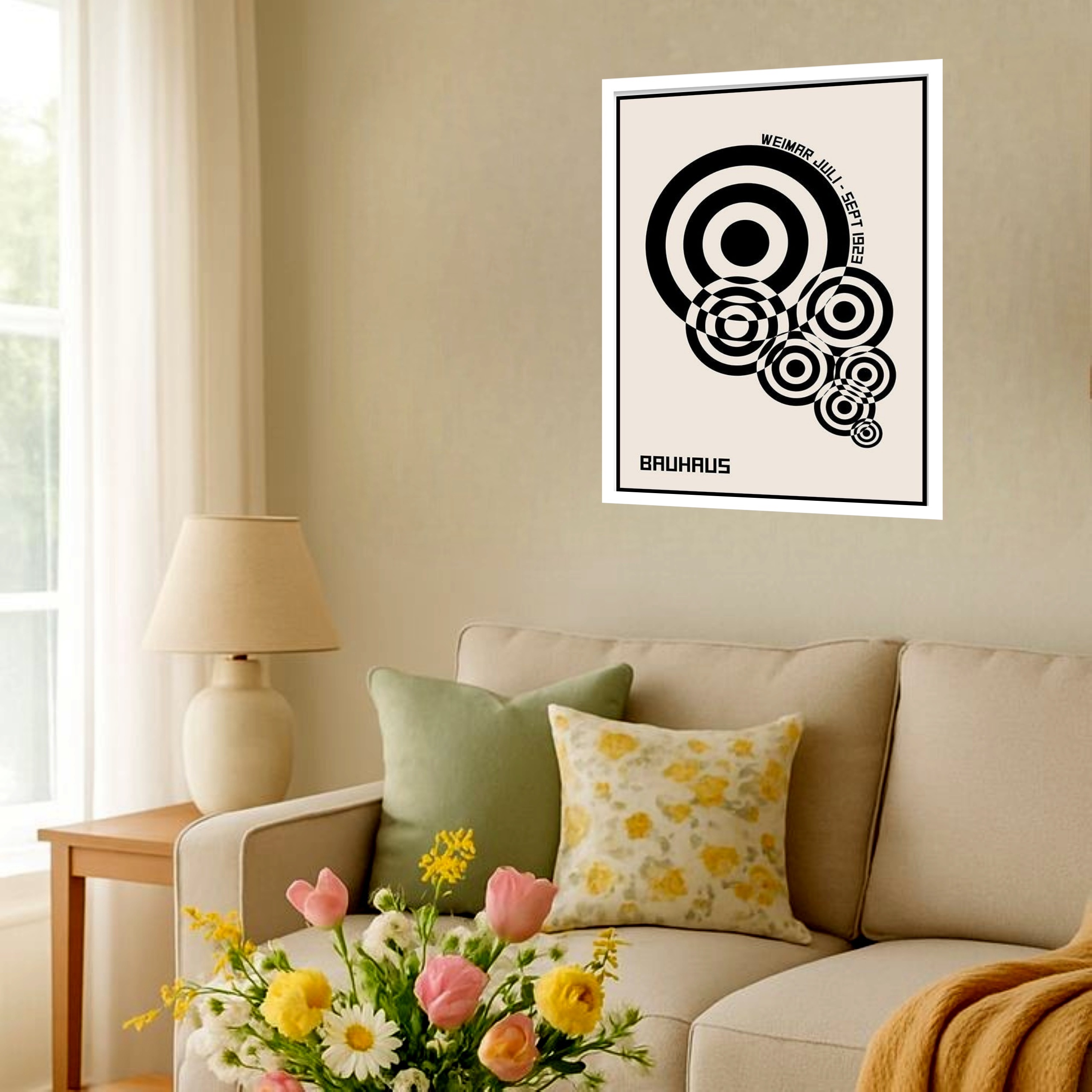 Quadro Decorativo Bauhaus Círculos Bege e Preto - 70x50 cm