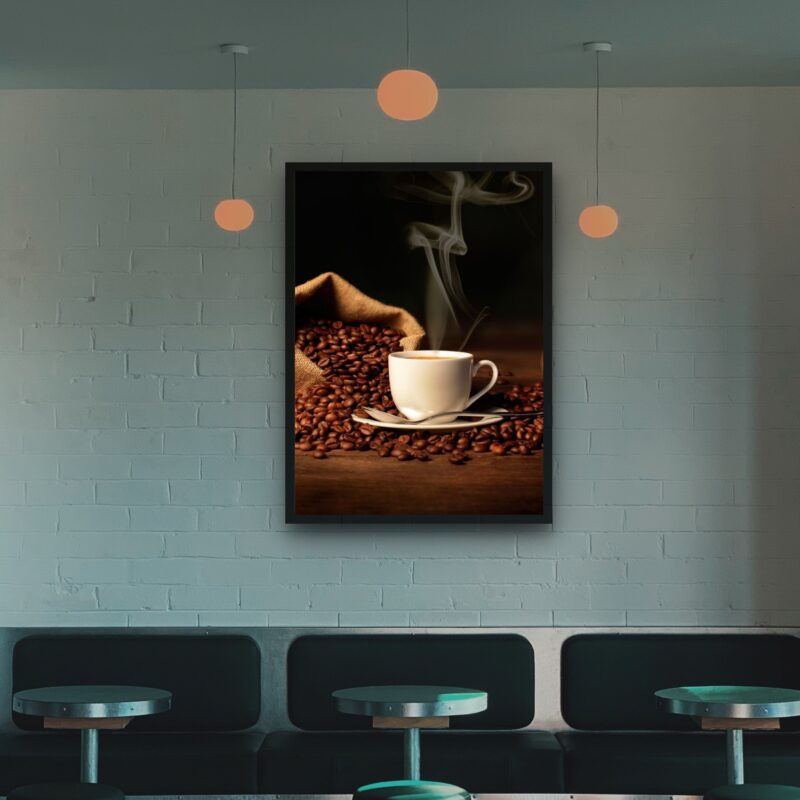 Quadro Decorativo Café Quente Saco Grãos - 70x50 cm