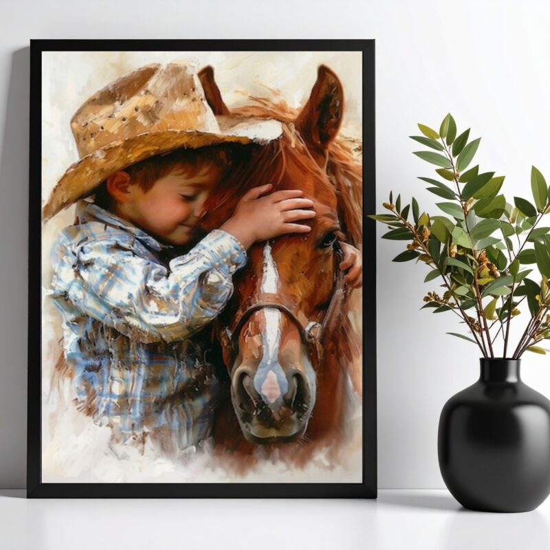 Quadro Decorativo Criança Com Cavalo - Aquarela