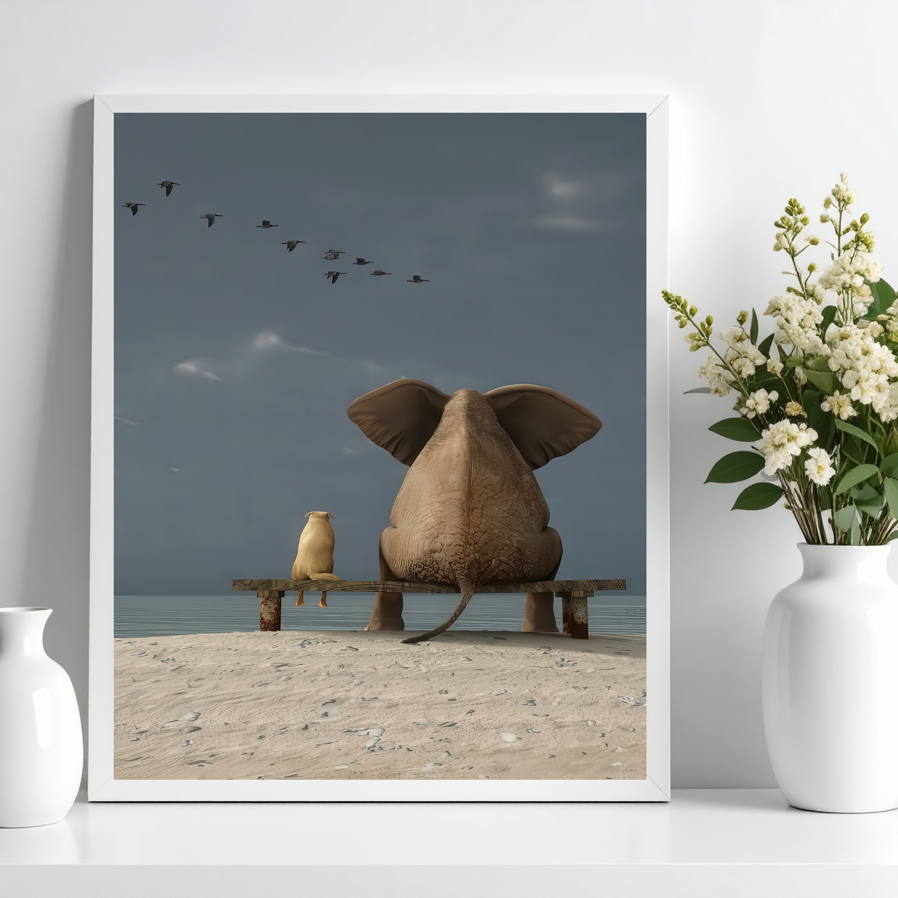 Quadro Decorativo Elefante e Cachorro - Praia b