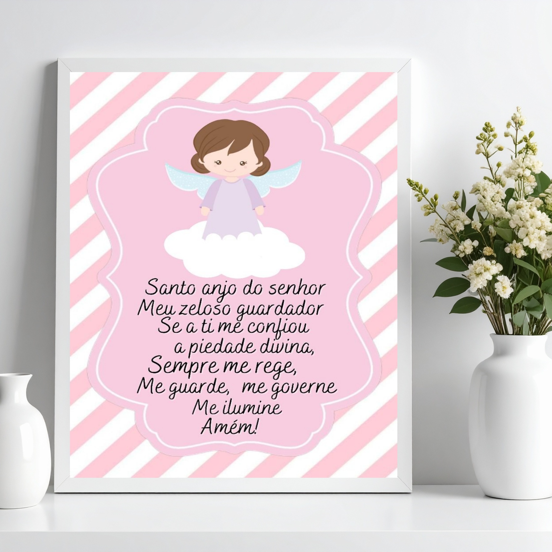 Quadro Decorativo Infantil Santo Anjo - Listras Rosas b