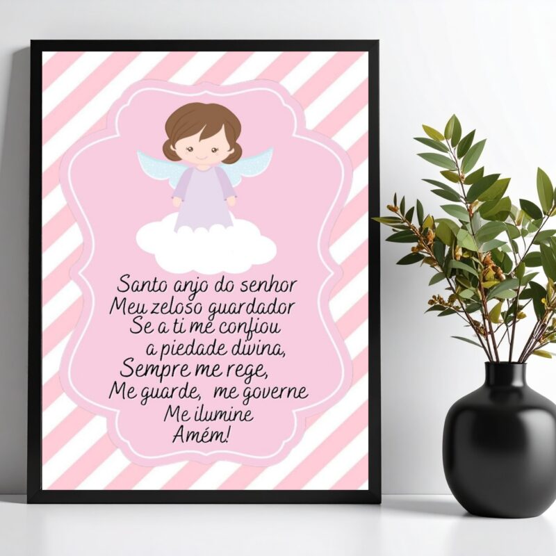Quadro Decorativo Infantil Santo Anjo - Listras Rosas