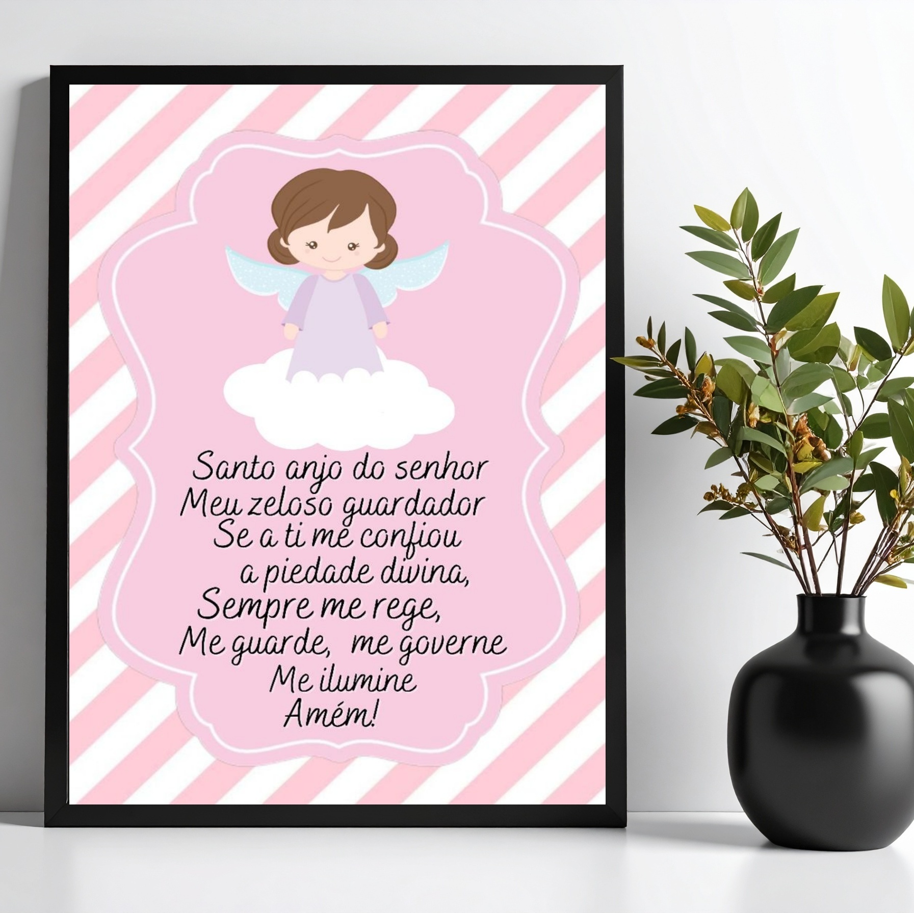 Quadro Decorativo Infantil Santo Anjo - Listras Rosas