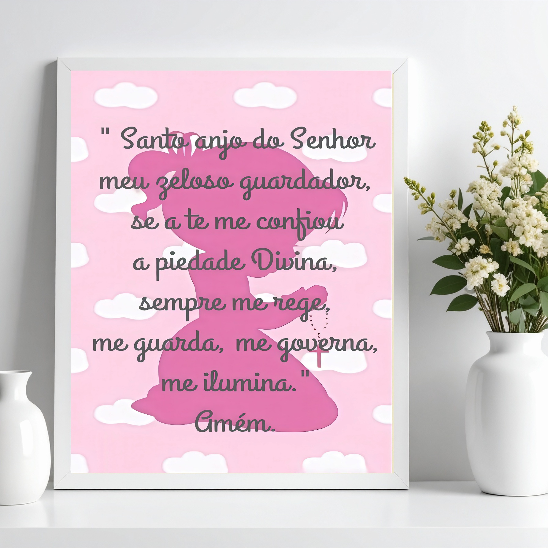 Quadro Decorativo Infantil Santo Anjo - Nuvens Rosas b