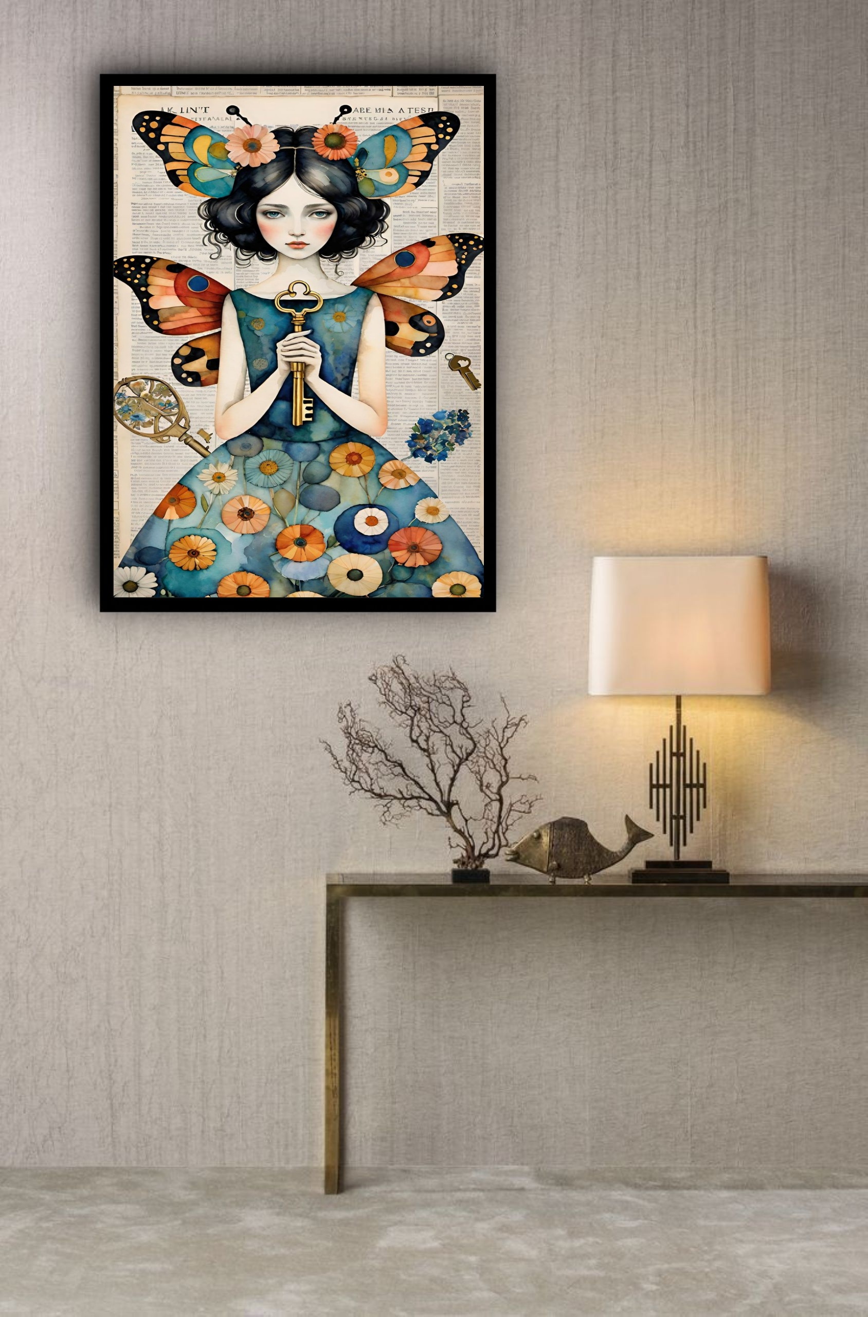 Quadro Decorativo Mulher Borboleta Chave - 70x50 cm
