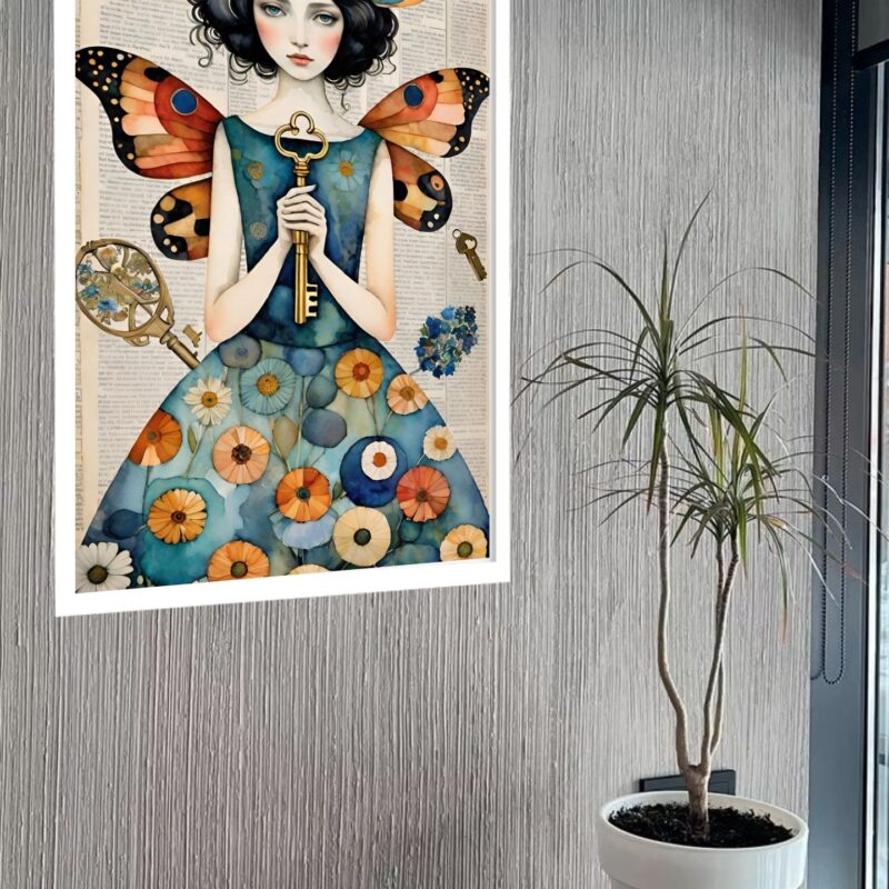 Quadro Decorativo Mulher Borboleta Chave - 70x50 cm
