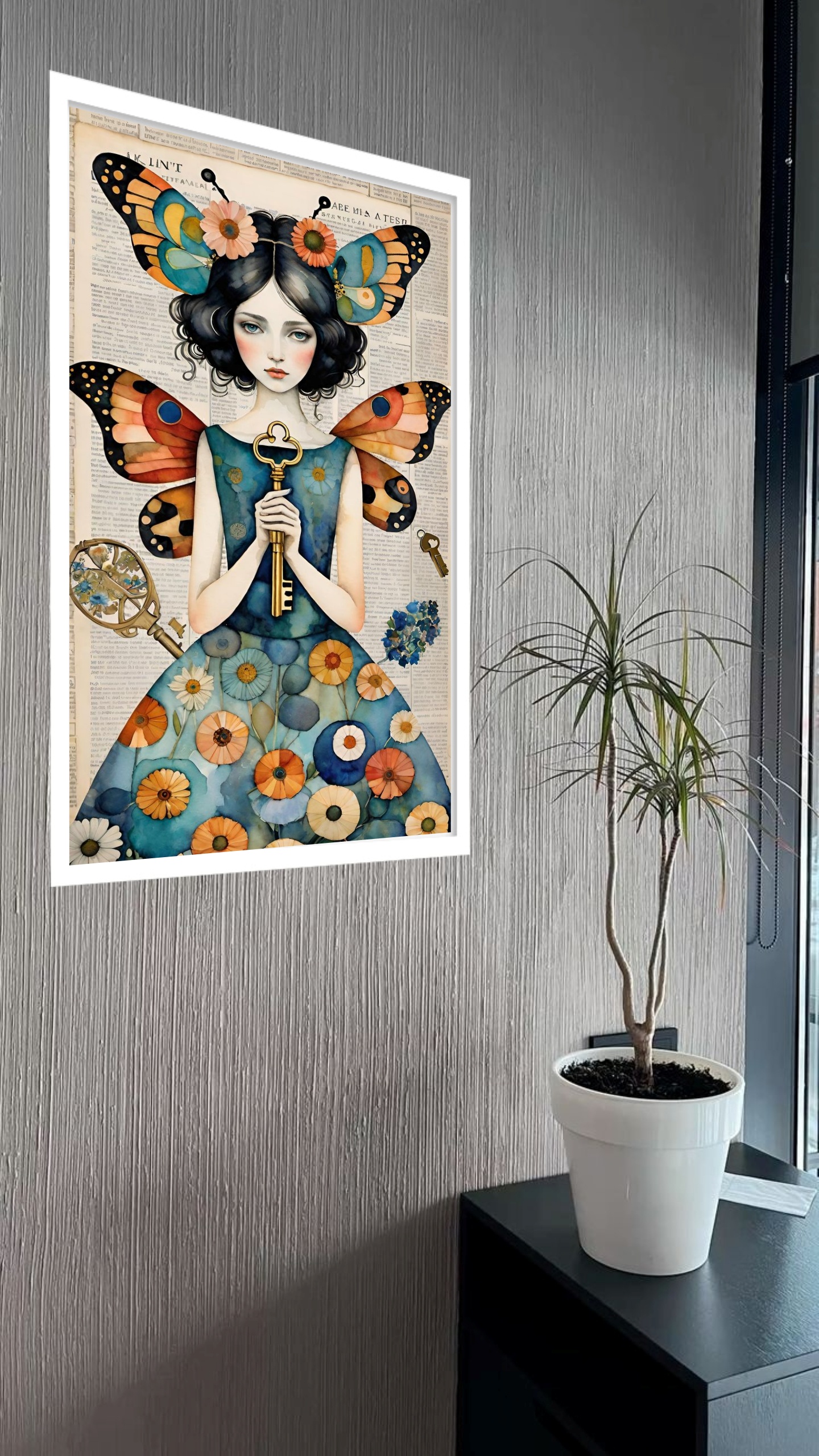 Quadro Decorativo Mulher Borboleta Chave - 70x50 cm