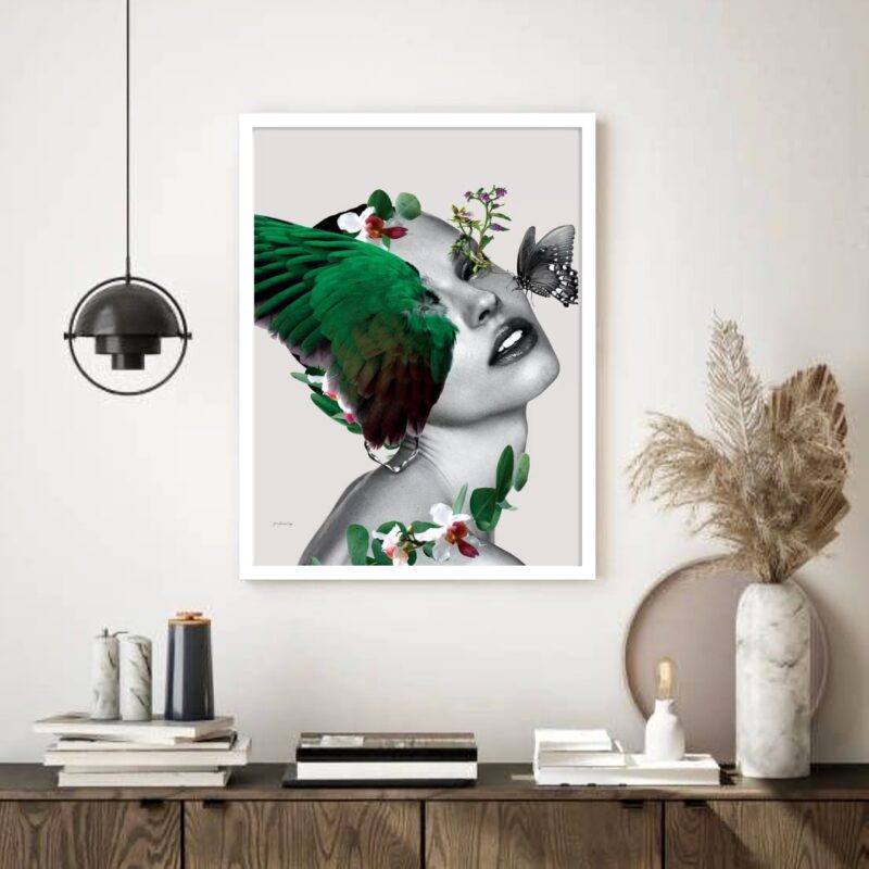 Quadro Decorativo Surrealismo Mulher Plumas - 70x50 cm