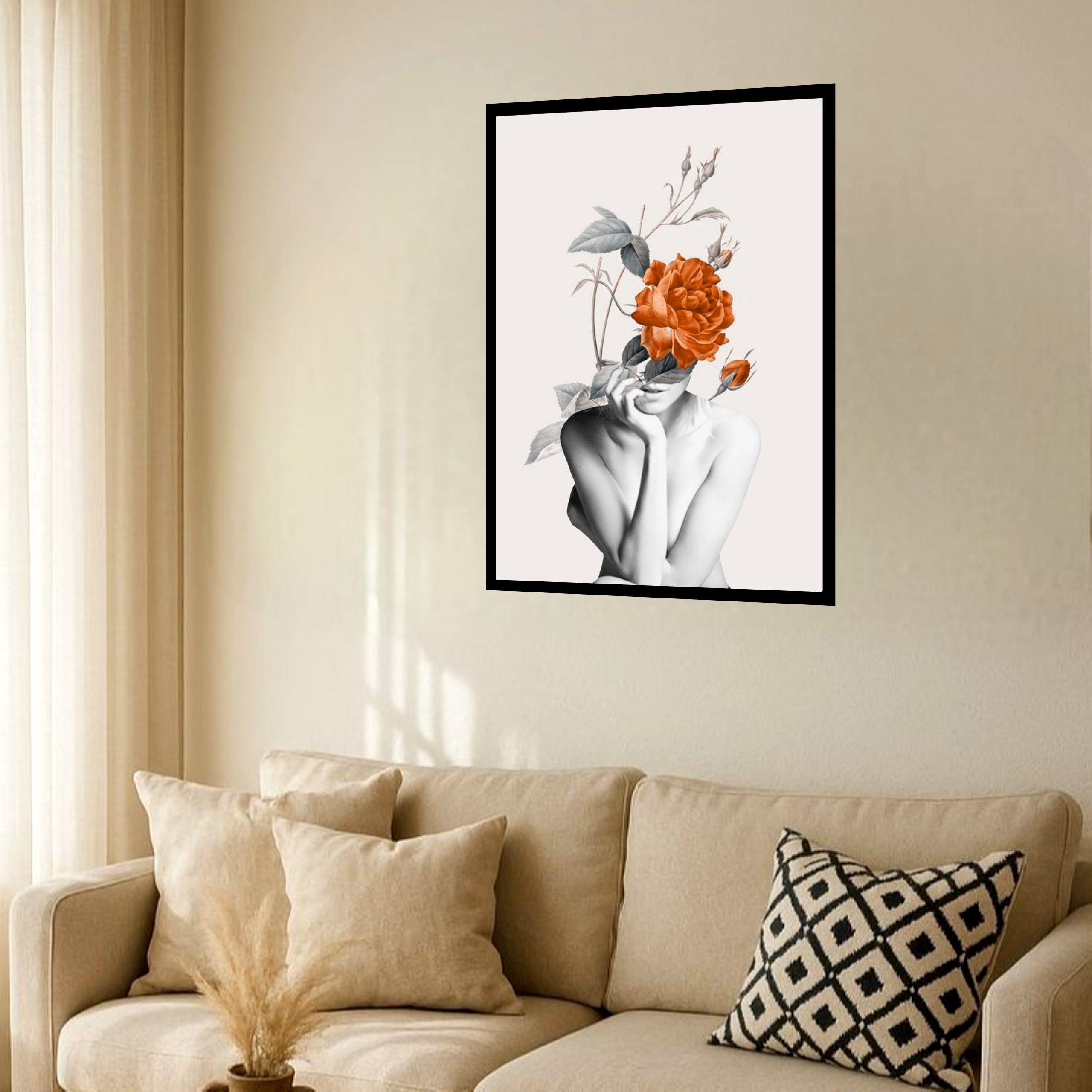 Quadro Decorativo Surrealismo Mulher Rosa Laranja 70x50 cm