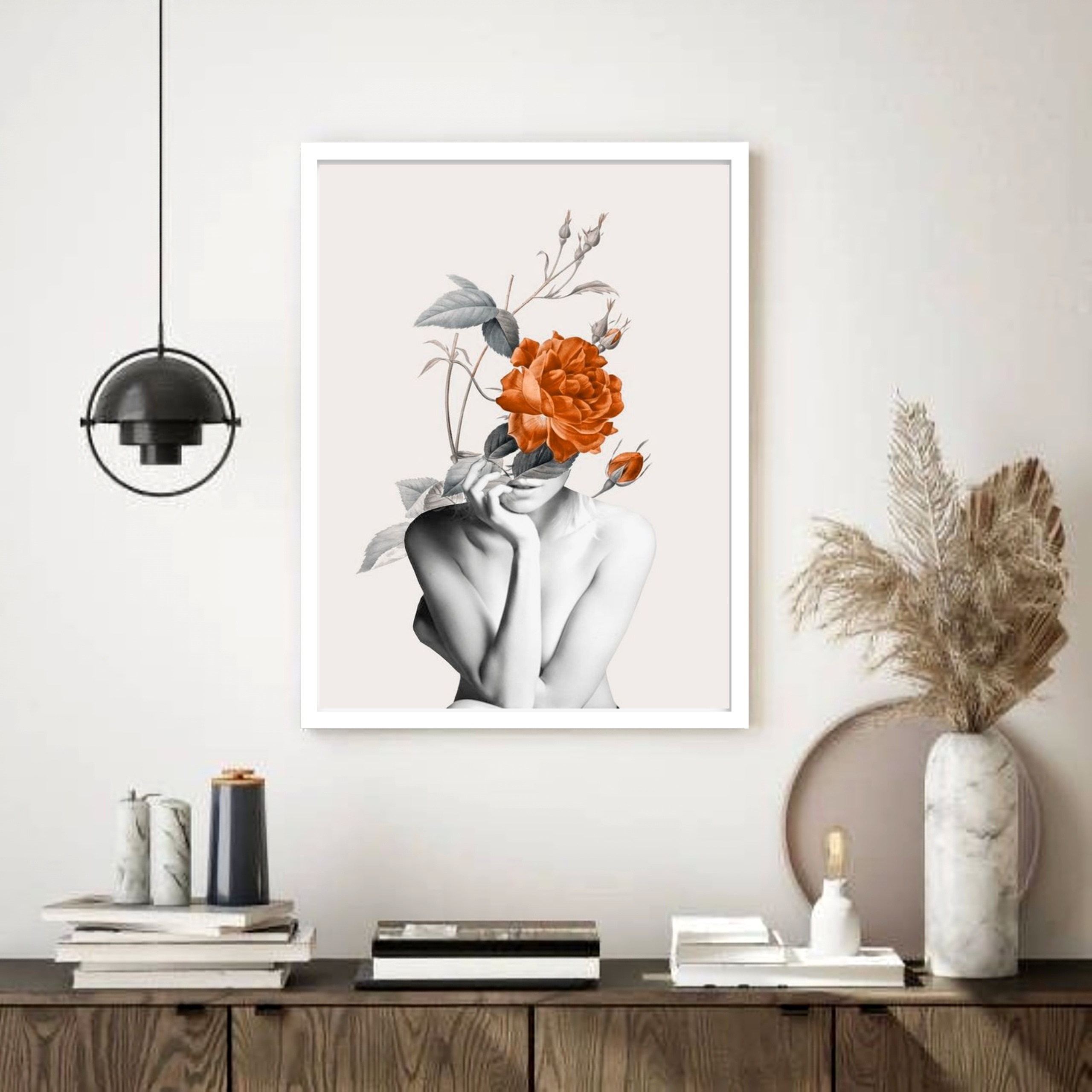 Quadro Decorativo Surrealismo Mulher Rosa Laranja 70x50 cm