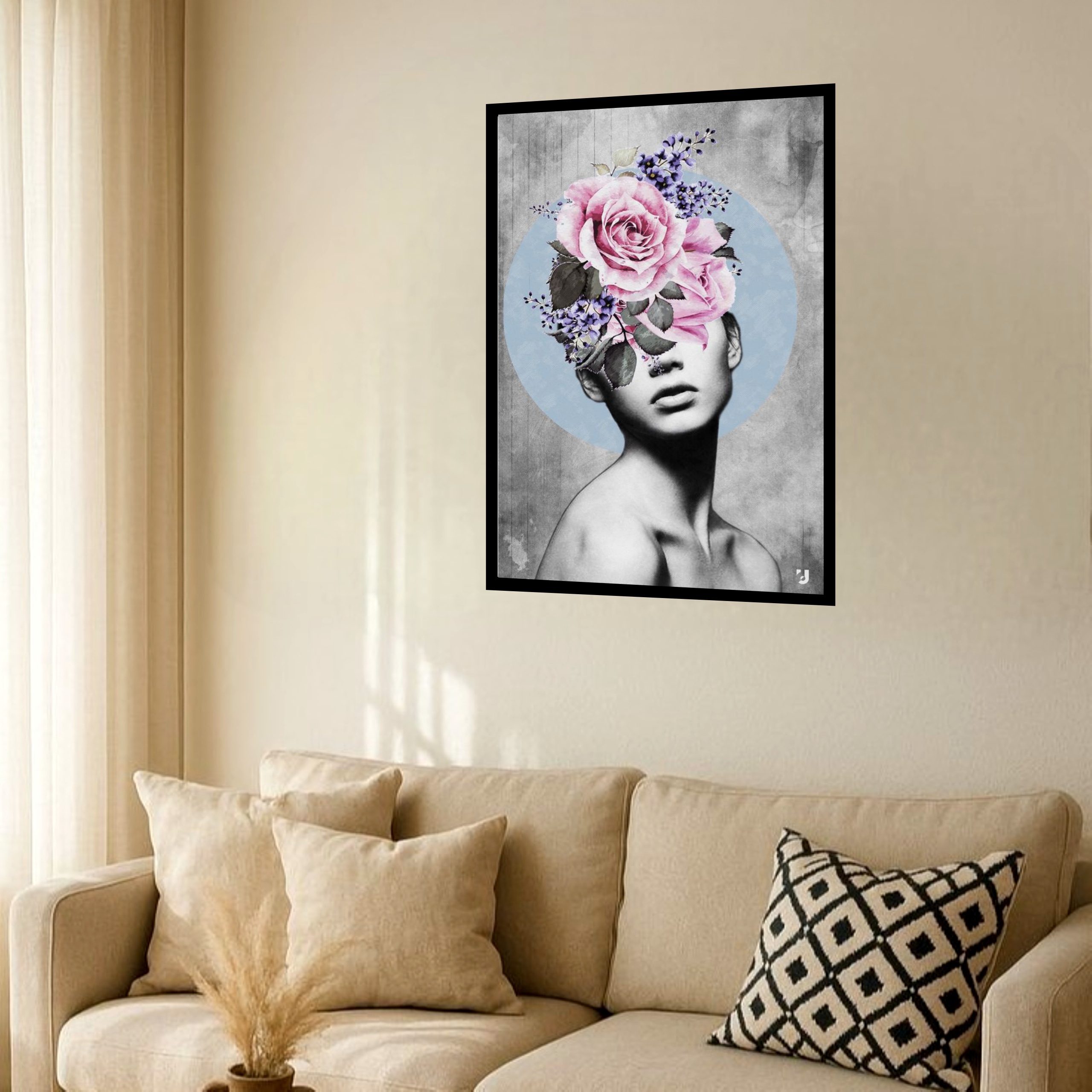 Quadro Decorativo Surrealismo Mulher Rosas - 70x50 cm