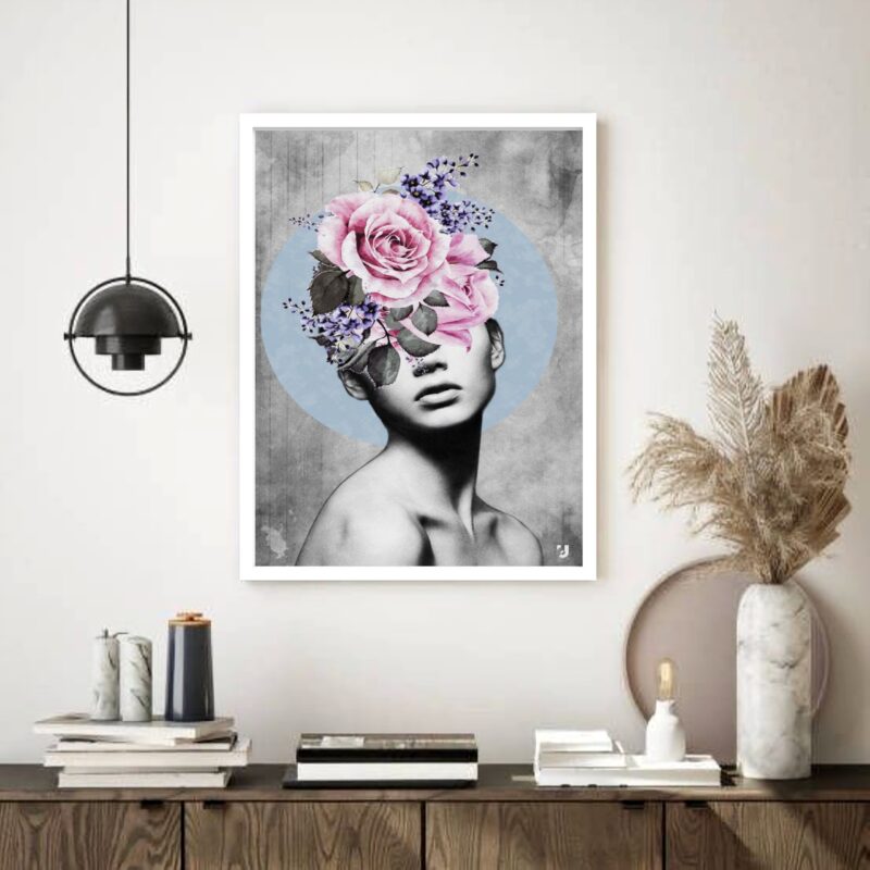 Quadro Decorativo Surrealismo Mulher Rosas - 70x50 cm