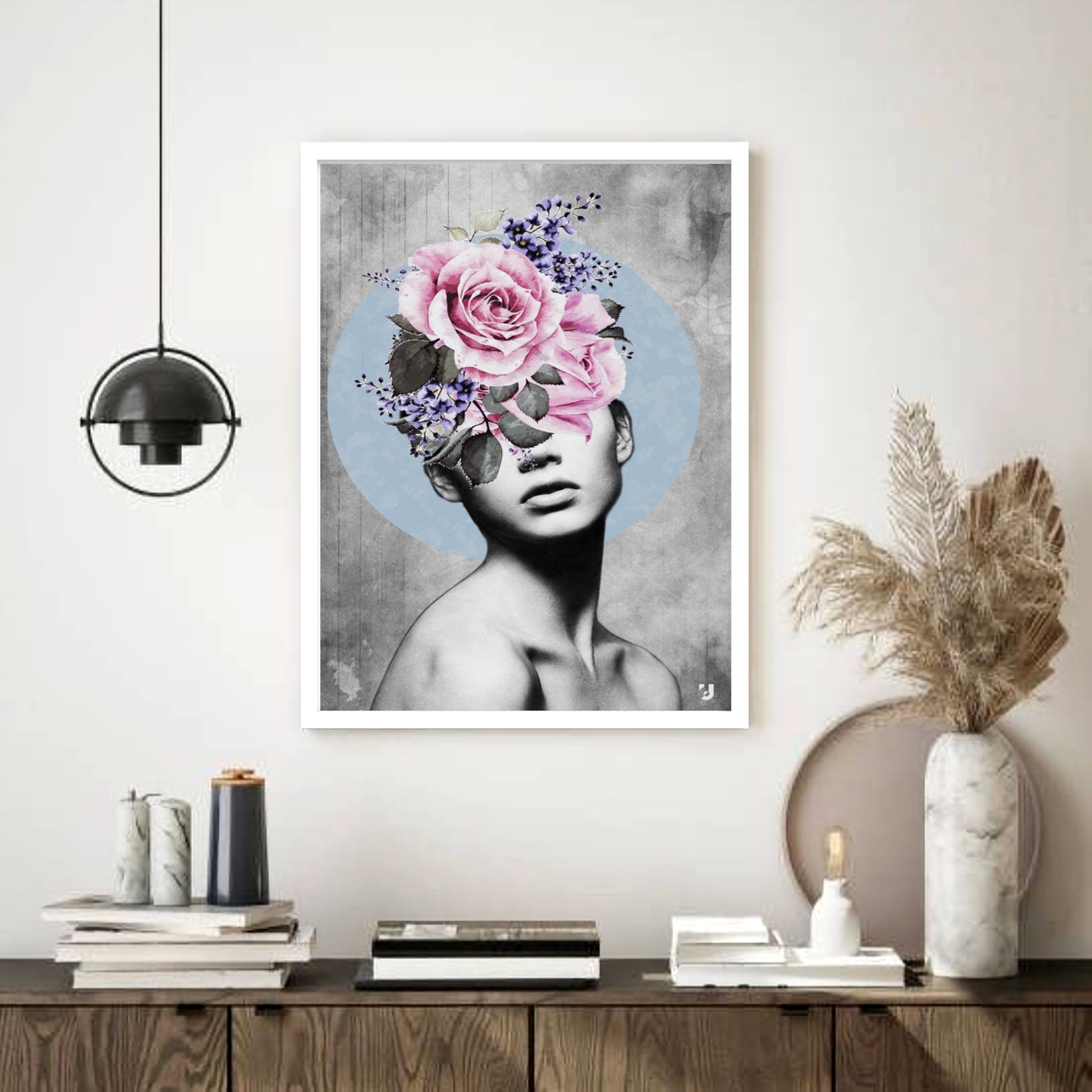 Quadro Decorativo Surrealismo Mulher Rosas - 70x50 cm