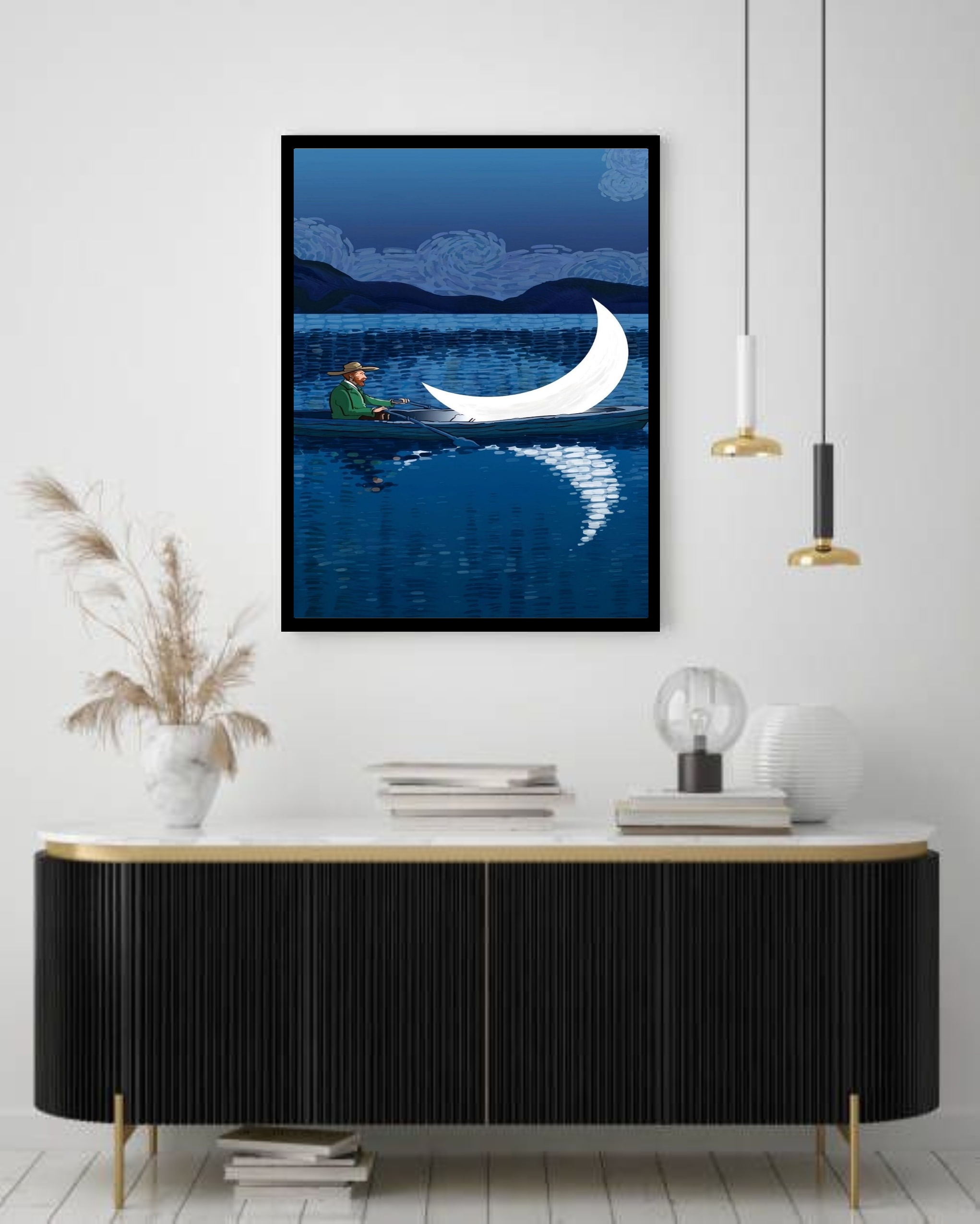 Quadro Decorativo Van Gogh Remando Luar - 70x50 cm