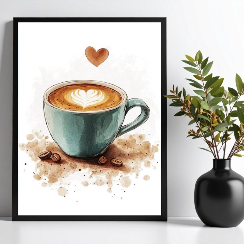 Quadro Decorativo Xícara de Café Aquarela Coração