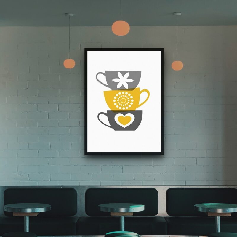 Quadro Decorativo Xícaras Trio Cinza Amarelo - 70x50 cm