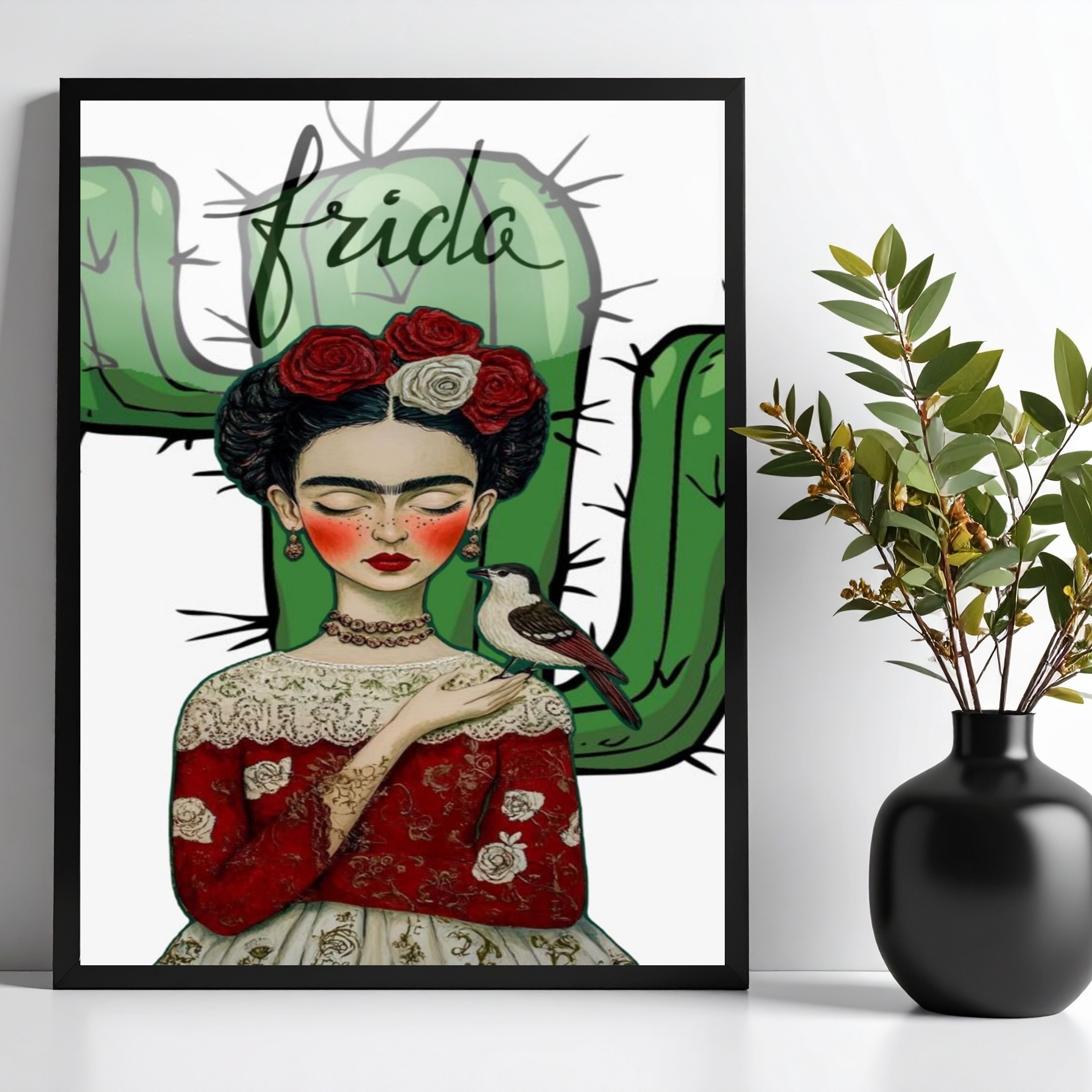 Quadro Frida Com Cacto e Passarinho