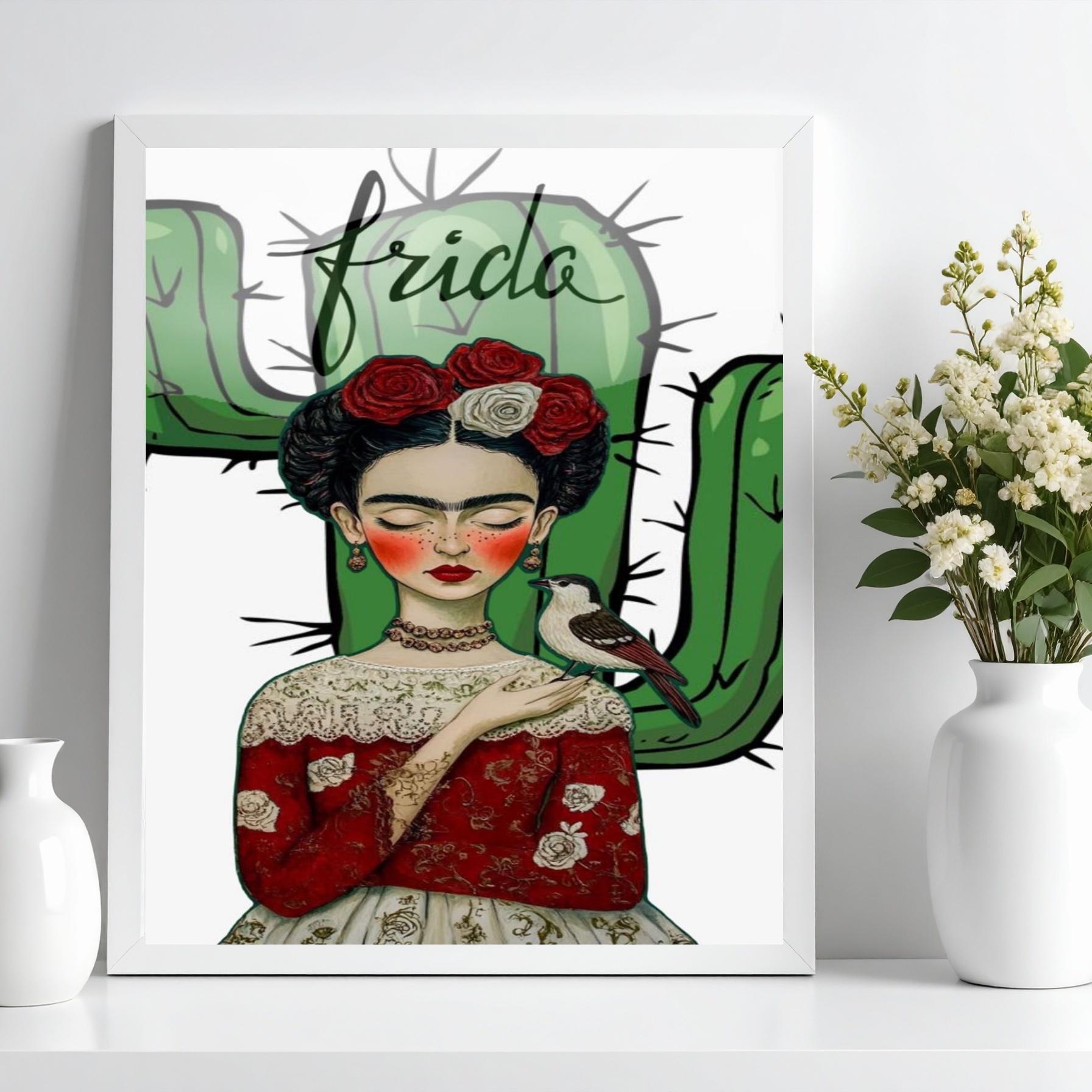 Quadro Frida Com Cacto e Passarinho b