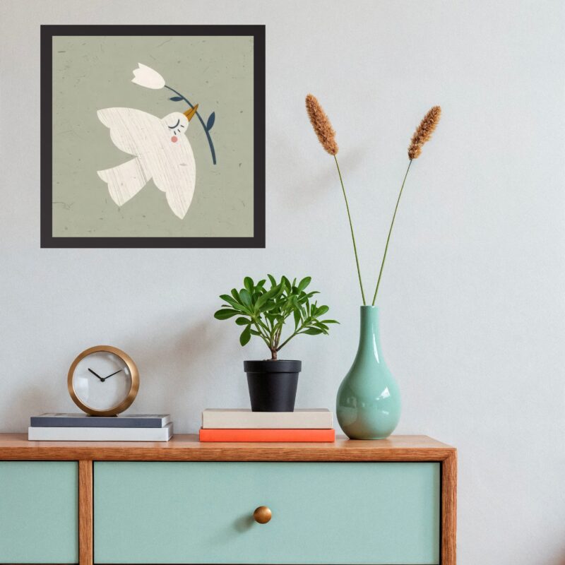 Quadro Ilustração Passarinho Branco Com Flor - 33x33 Cm