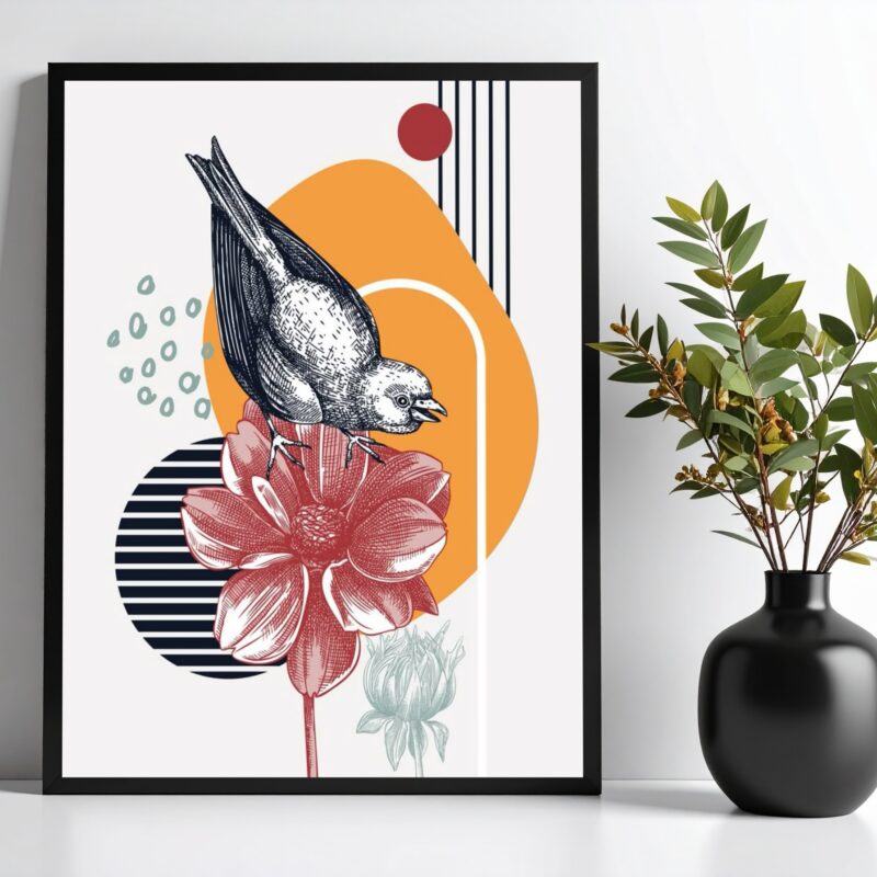 Quadro Moderno Pássaro Com Flor - Geométrico