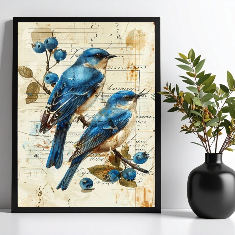 Quadro Vintage Passarinhos Azuis