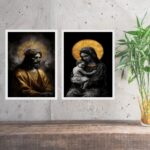 Kit 2 Quadros Jesus e Virgem Maria - Preto Com Dourado