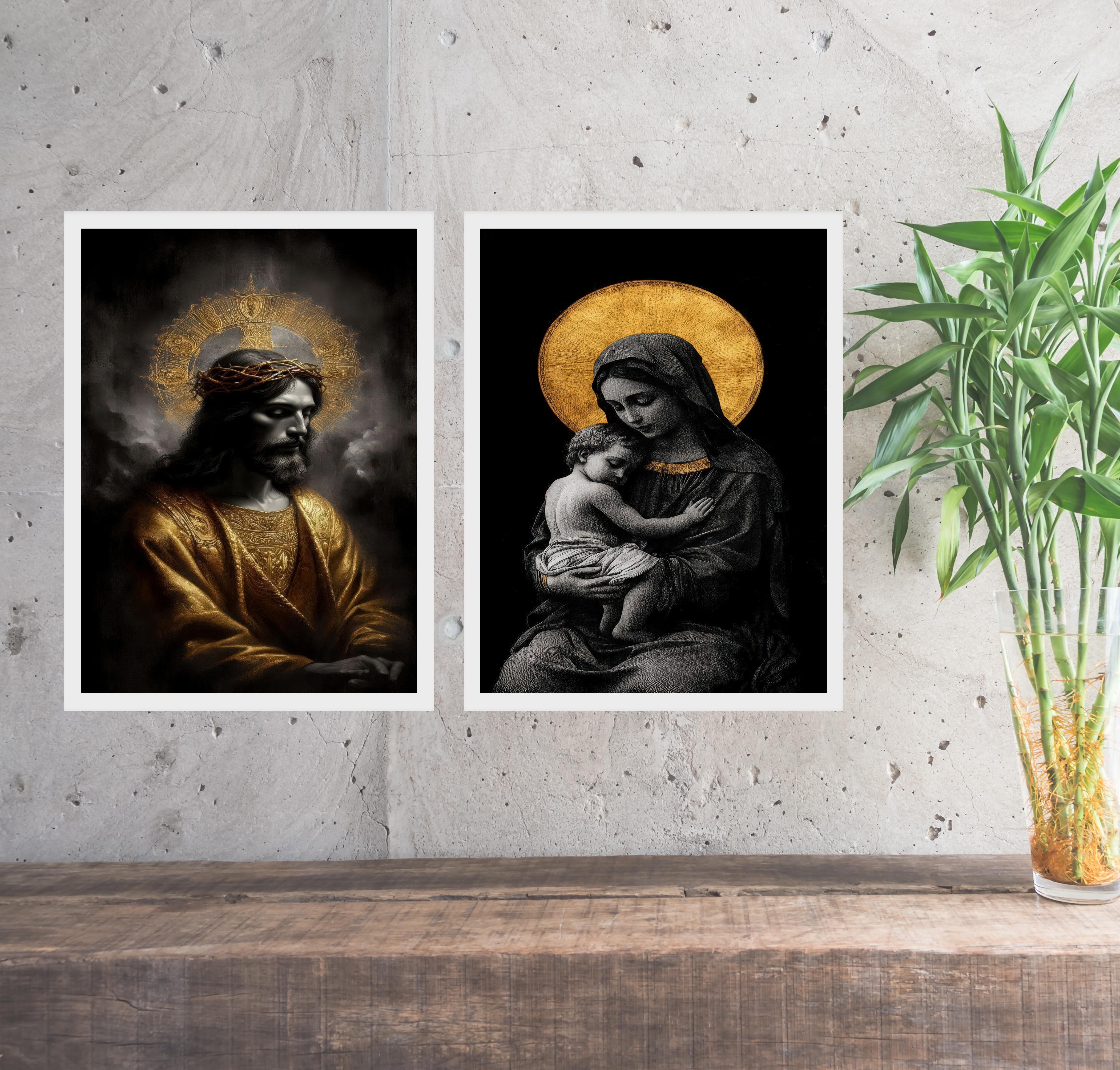 Kit 2 Quadros Jesus e Virgem Maria - Preto Com Dourado