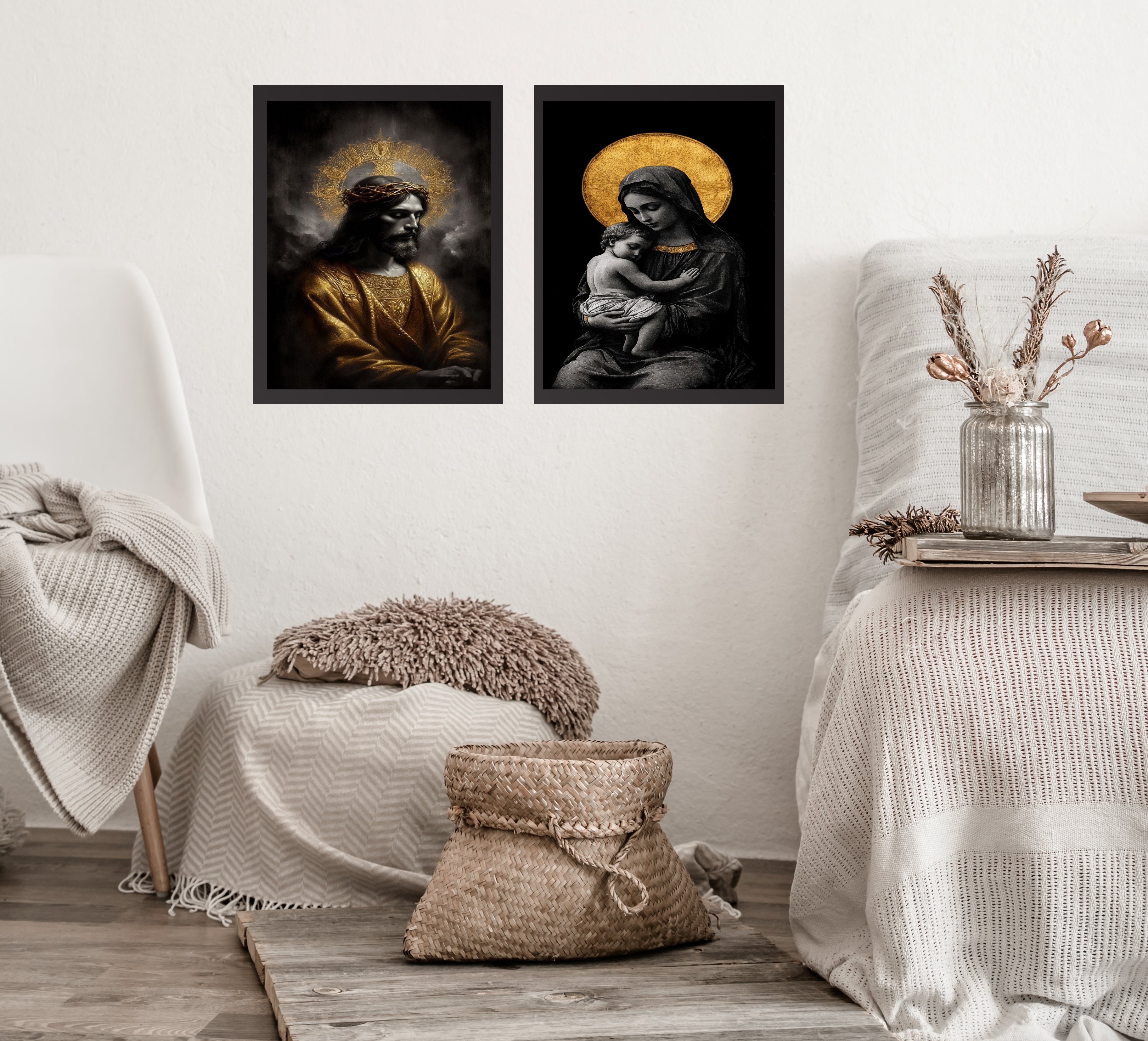 Kit 2 Quadros Jesus e Virgem Maria - Preto Com Dourado b