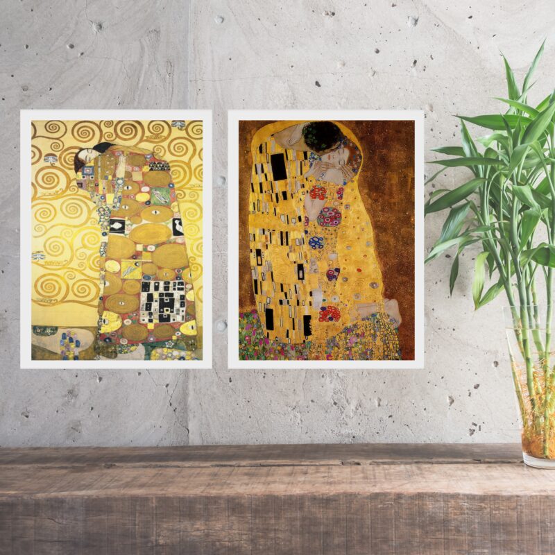 Kit 2 Quadros Obras Clássicas De Klimt - Abraço e Beijo