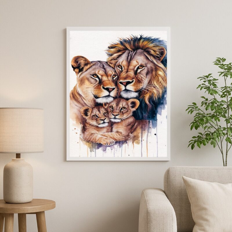 Quadro Arte Aquarela Família De Leões - Wildlife