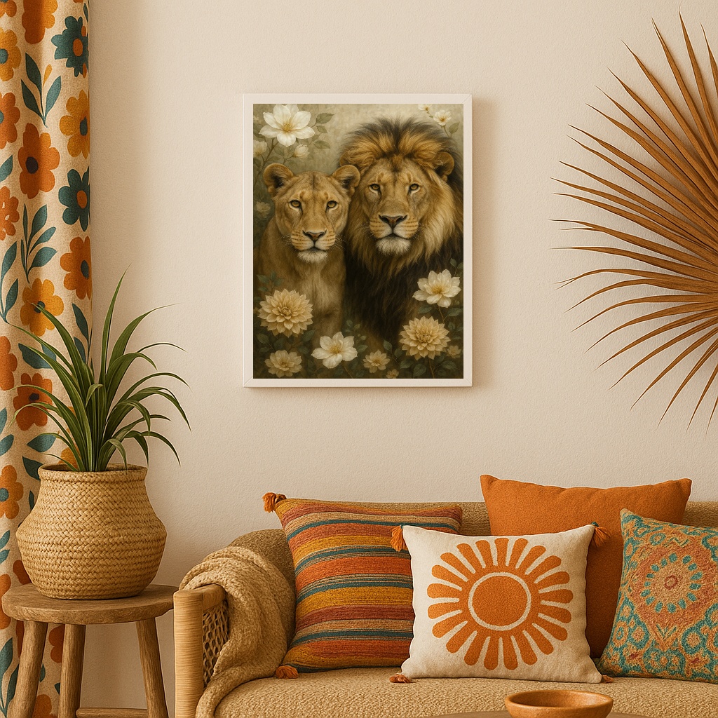 Quadro Arte Leão e Leoa Com Flores