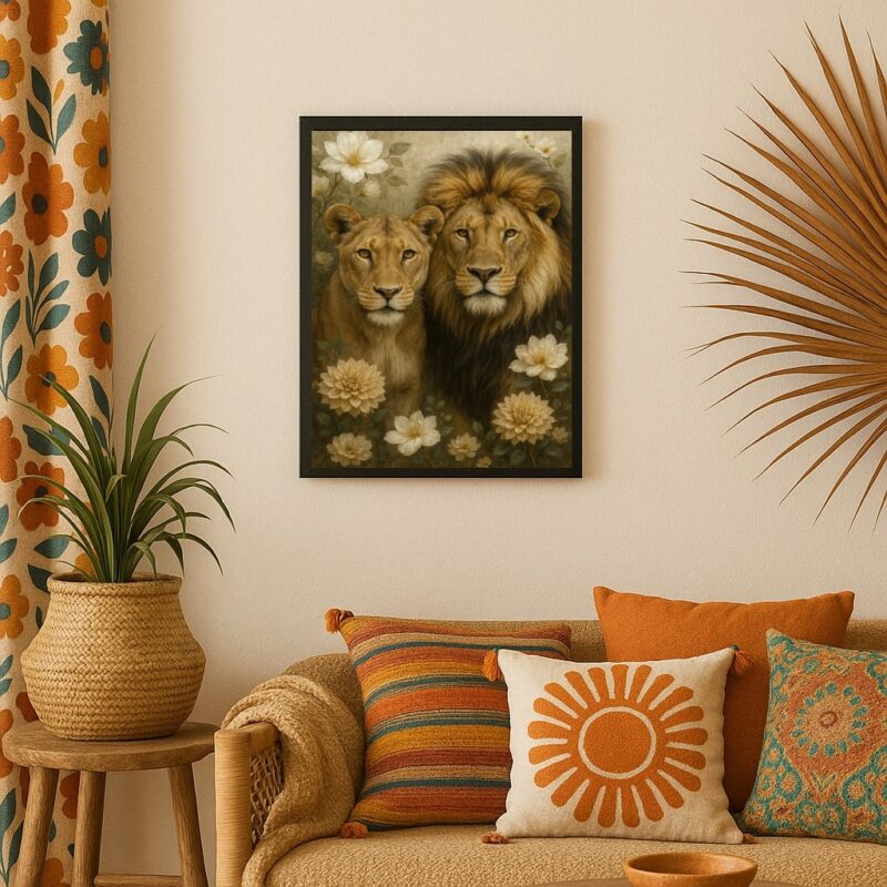 Quadro Arte Leão e Leoa Com Flores