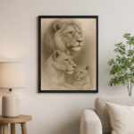 Quadro Artístico Família De Leões Bege - 1 Filhote